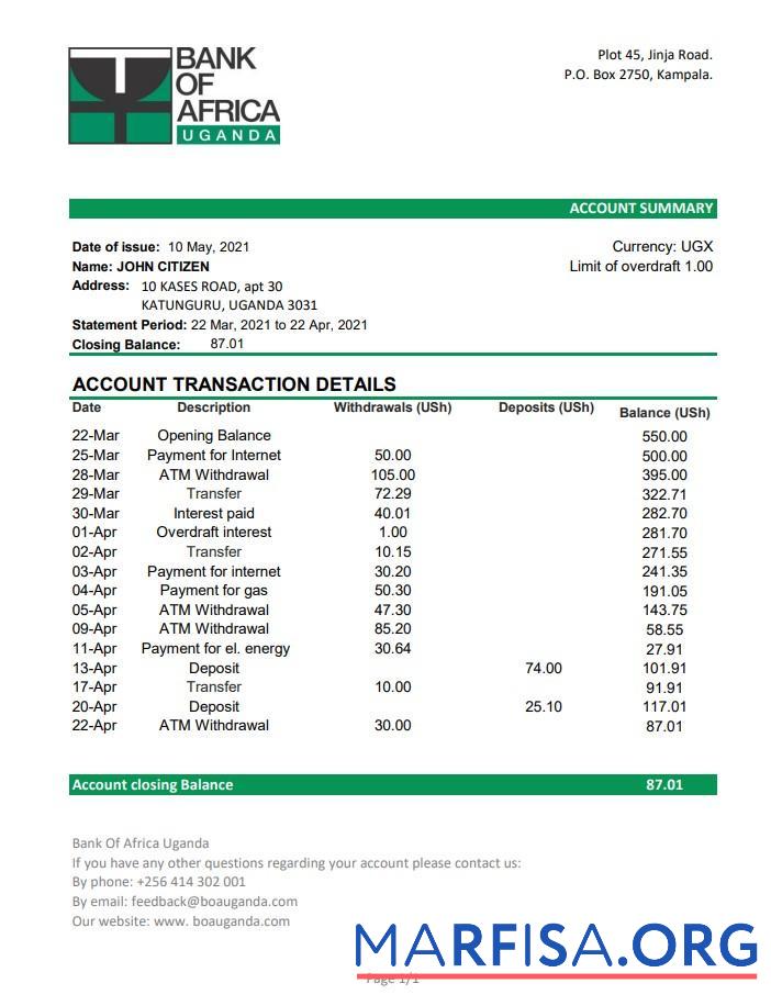 Downloadable Uganda Bank of Africa bank statement excel template